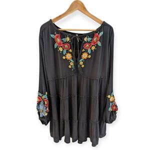 Free People Spell On You Embroidered Bohemian Dress Black Long Sleeve Small